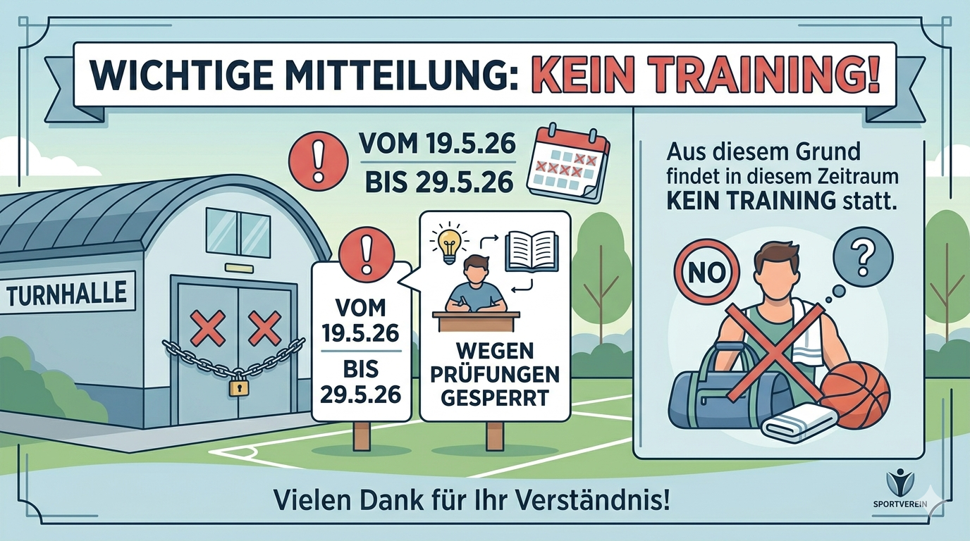 Wichtige Mitteilung: Kein Training vom 19.05. bis 29.05.